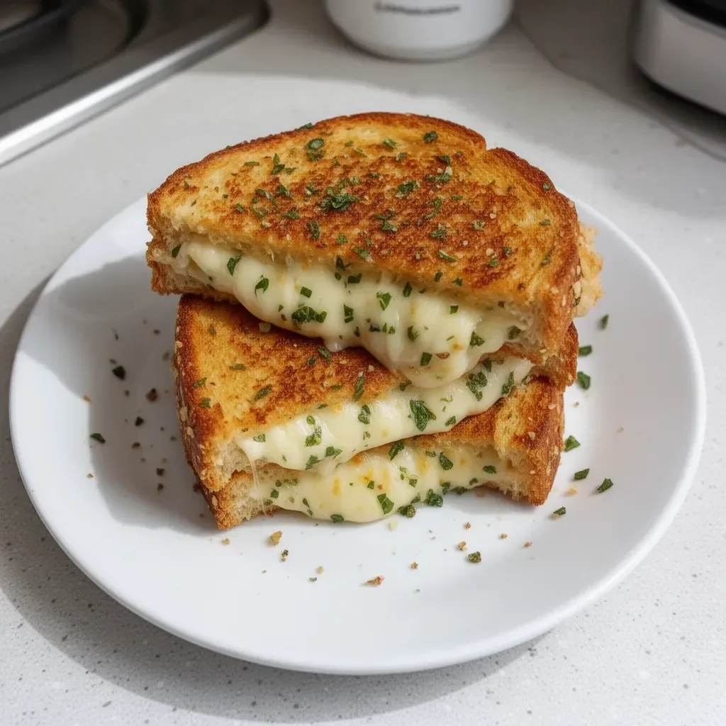 Delicious garlic bread grilled cheese sandwich melted cheese crispy exterior