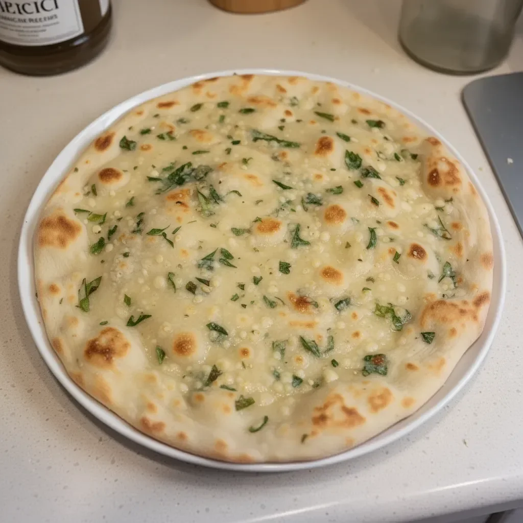 Freshly baked garlic flatbread with liquid batter, no-knead recipe
