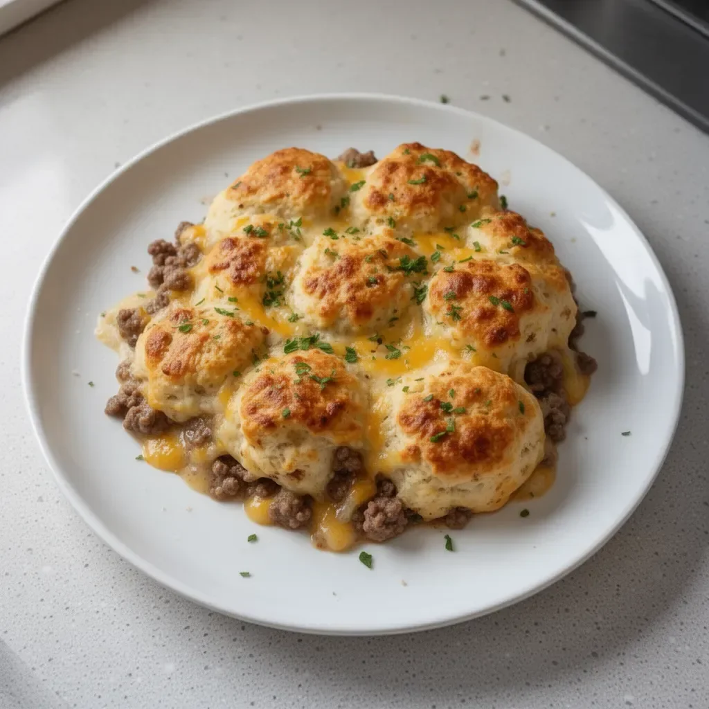 Savory ground beef and biscuit bake fresh out of the oven, perfect for dinner.