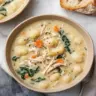 Bowl of healthy rotisserie chicken gnocchi soup with fresh herbs and vegetables.