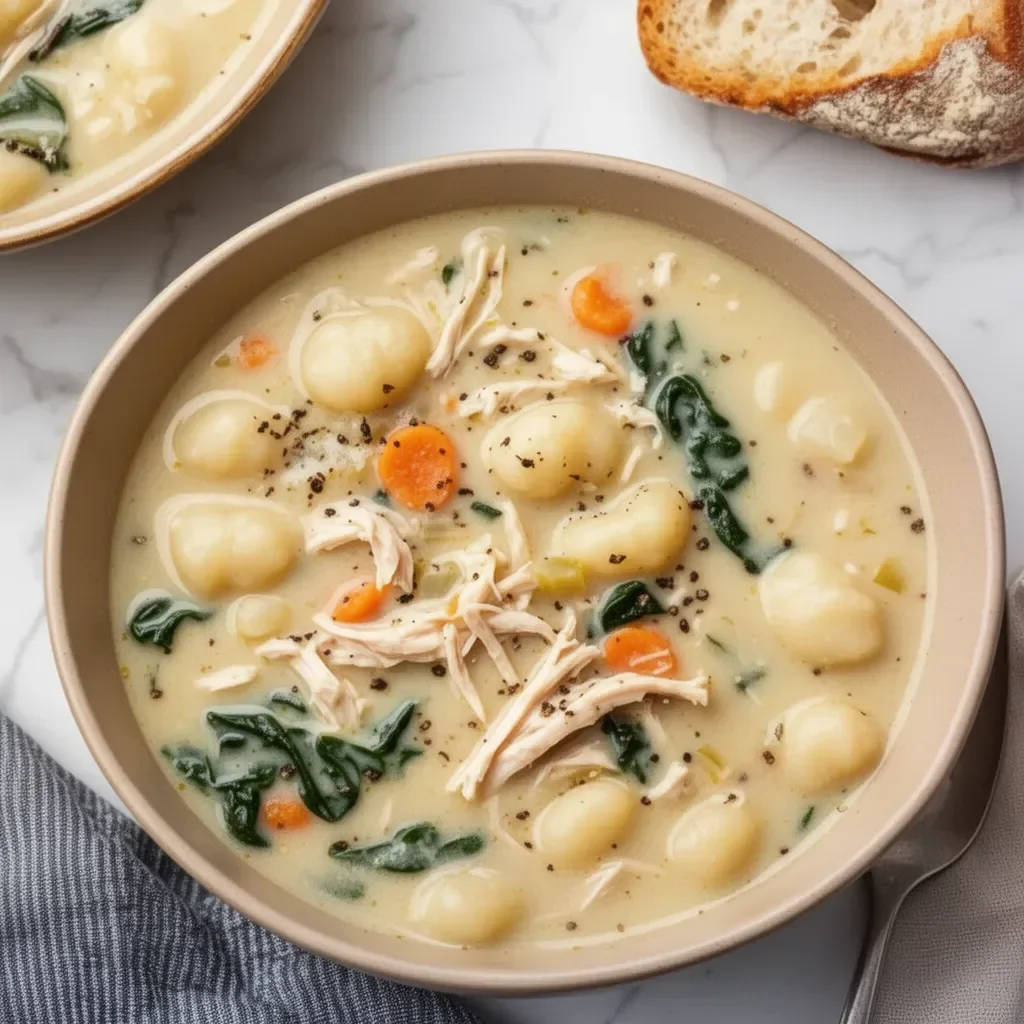 Bowl of healthy rotisserie chicken gnocchi soup with fresh herbs and vegetables.