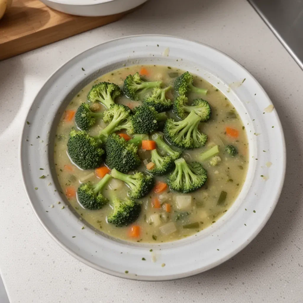 A bowl of healthy soup with vegetables and herbs, representing healthy soup recipes.