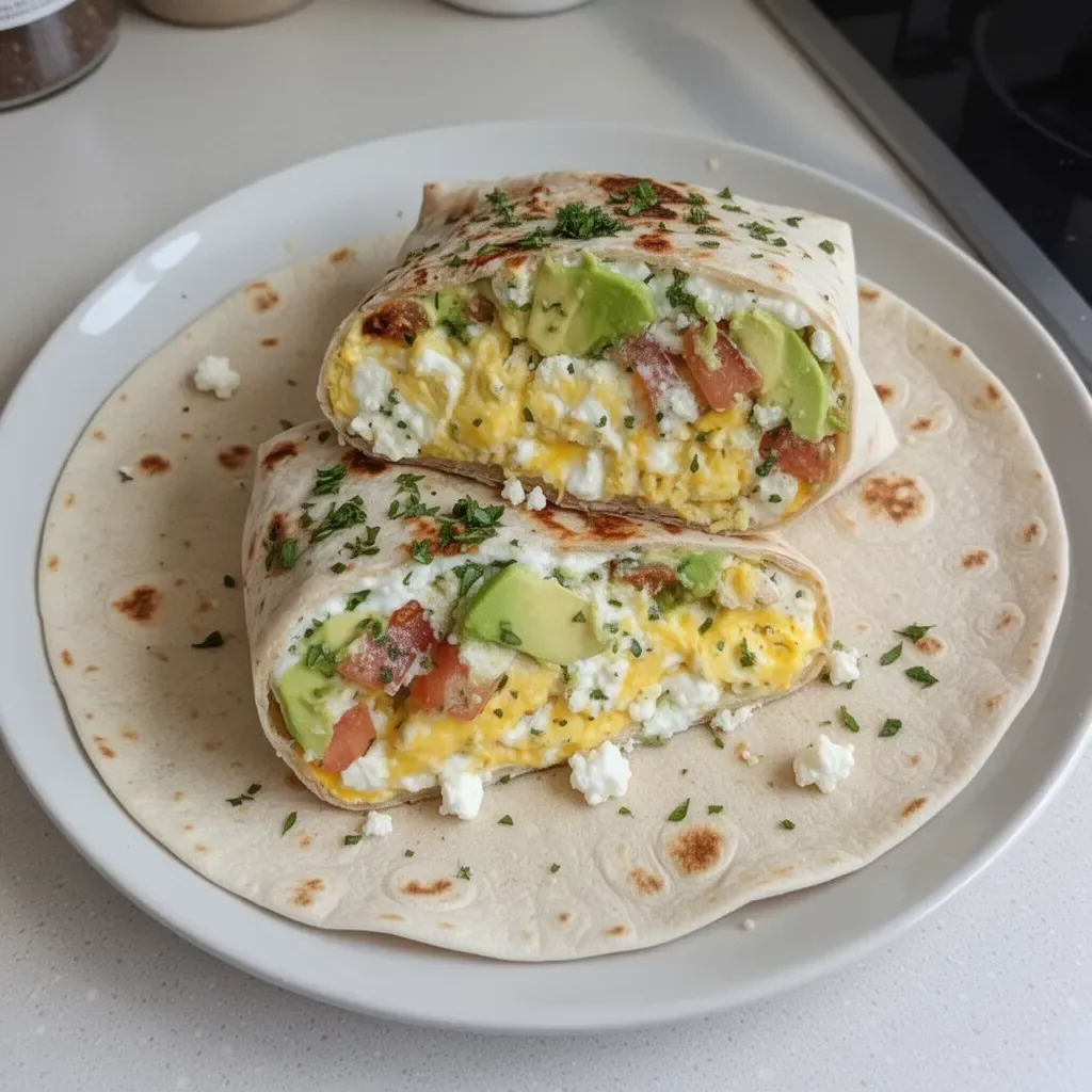 High-protein breakfast wrap with cottage cheese and avocado on a plate