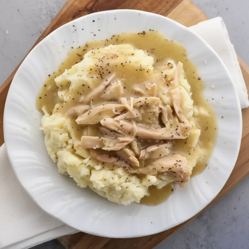 Delicious homemade rotisserie chicken gravy poured over succulent chicken.
