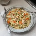 Creamy chicken pot pie orzo served in a cozy bowl for dinner.