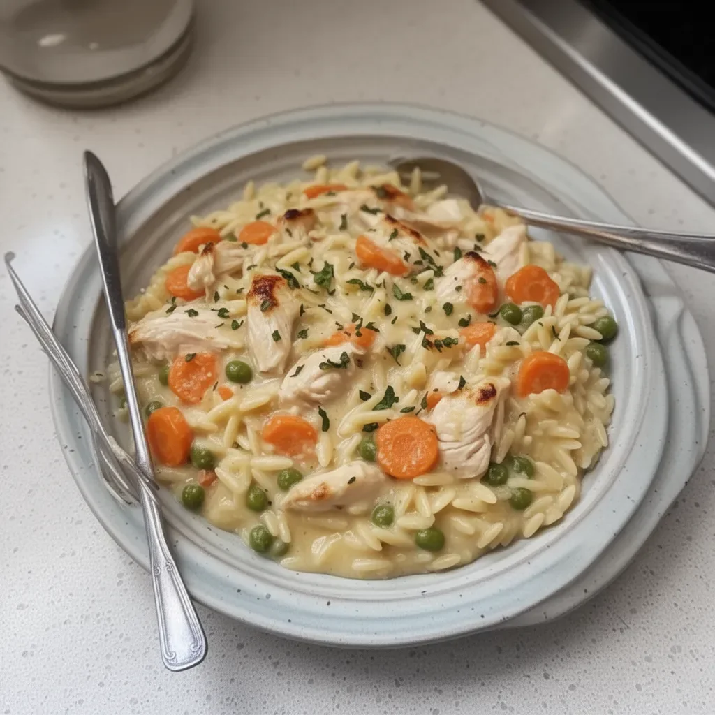 Creamy chicken pot pie orzo served in a cozy bowl for dinner.