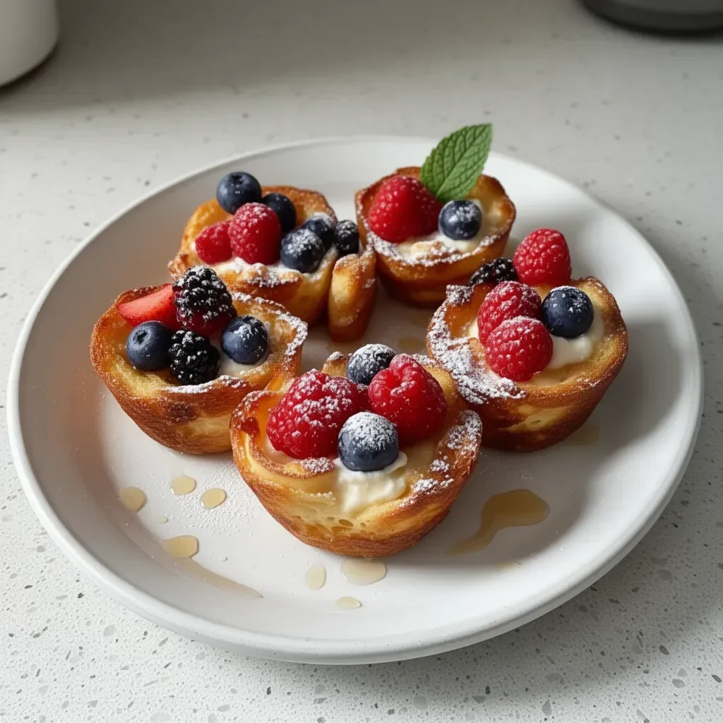 Delicious French Toast Cups served with syrup and fresh berries.