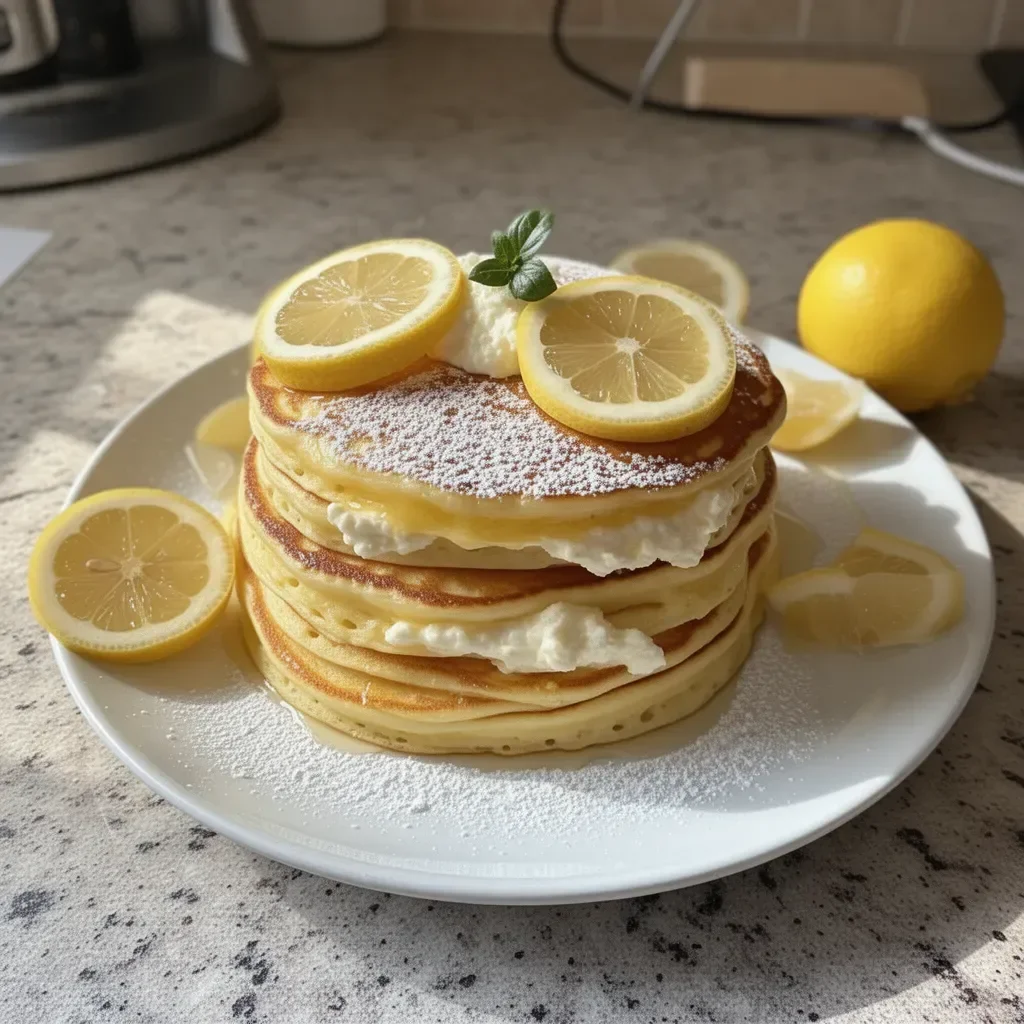 Delicious Lemon Ricotta Pancakes stacked with fresh lemon slices