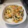Low carb rotisserie chicken zucchini casserole served in a dish