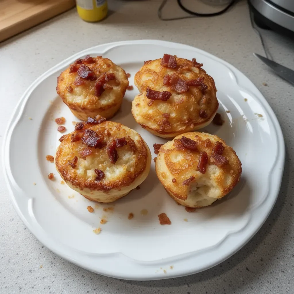 Delicious Maple Bacon Pancake Muffins topped with maple syrup and crispy bacon.