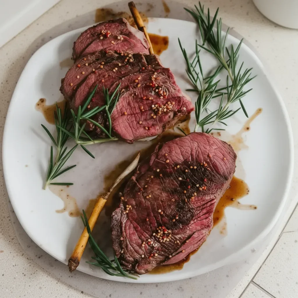 Marinated venison backstrap served on a plate with herbs and spices