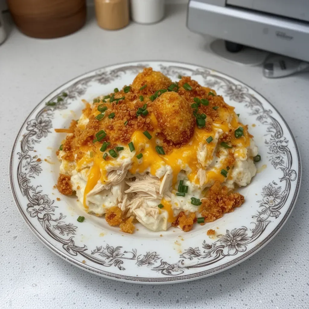 Delicious Million Dollar Chicken Casserole topped with cheese and breadcrumbs