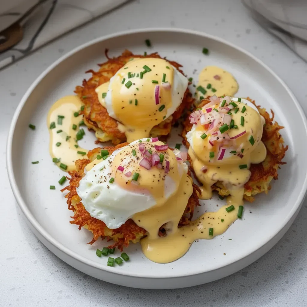 Mouthwatering latke eggs benedict topped with poached eggs and hollandaise sauce.