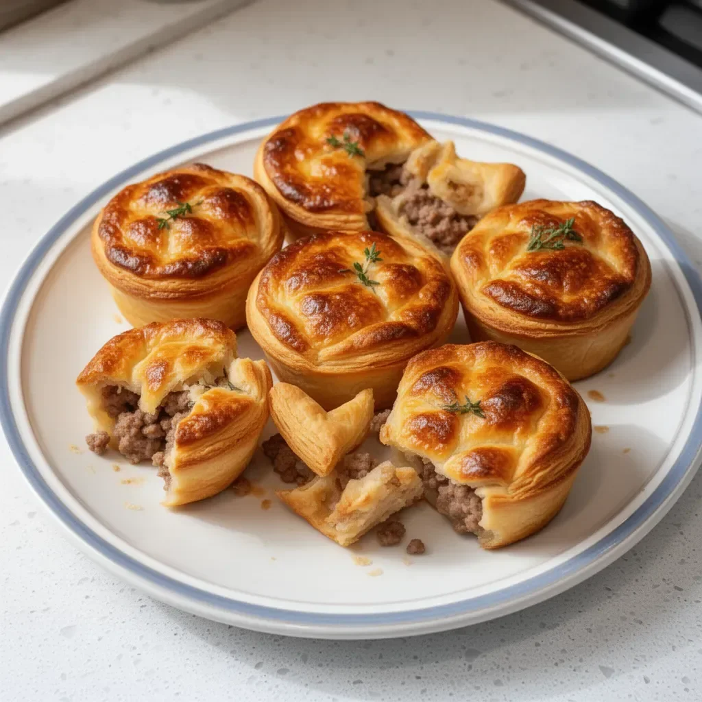 Muffin tin meat pies filled with savory ingredients in a baking tray.