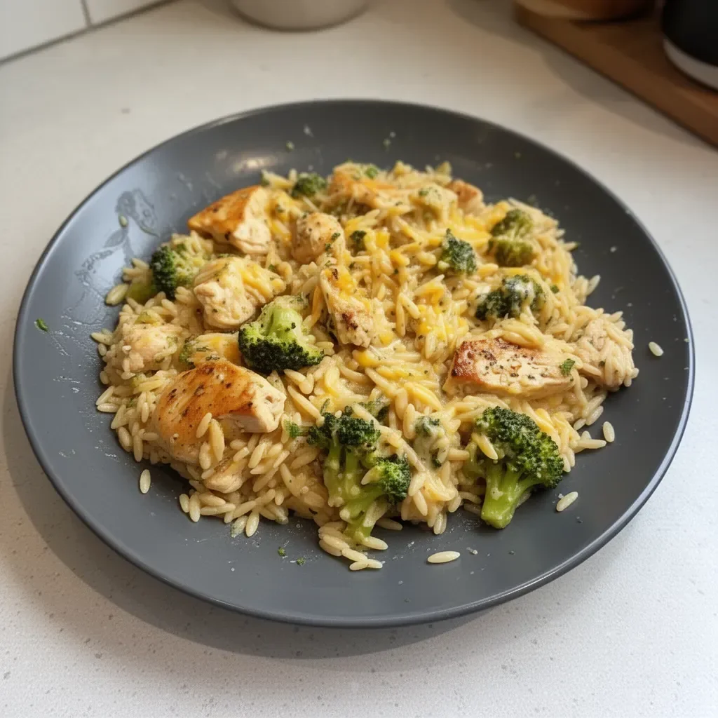 One-Pot Cheesy Chicken Orzo with broccoli in a skillet