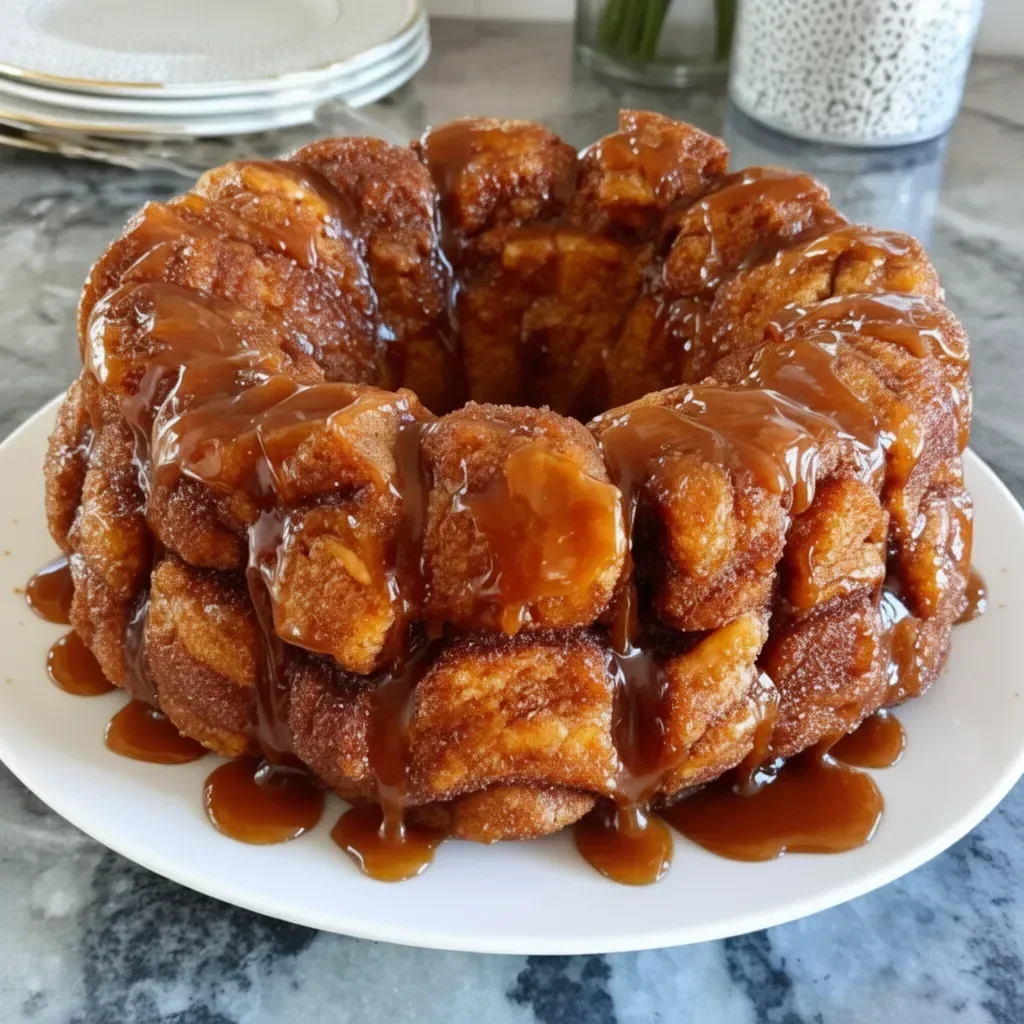 Delicious ooey gooey monkey bread served warm with a caramel glaze.