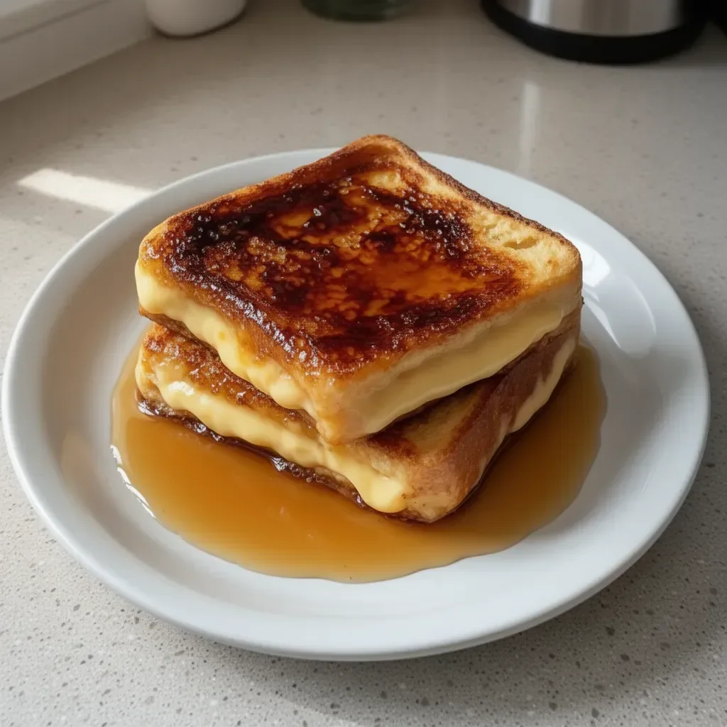 Delicious Overnight Crème Brûlée French Toast garnished with caramel and berries.