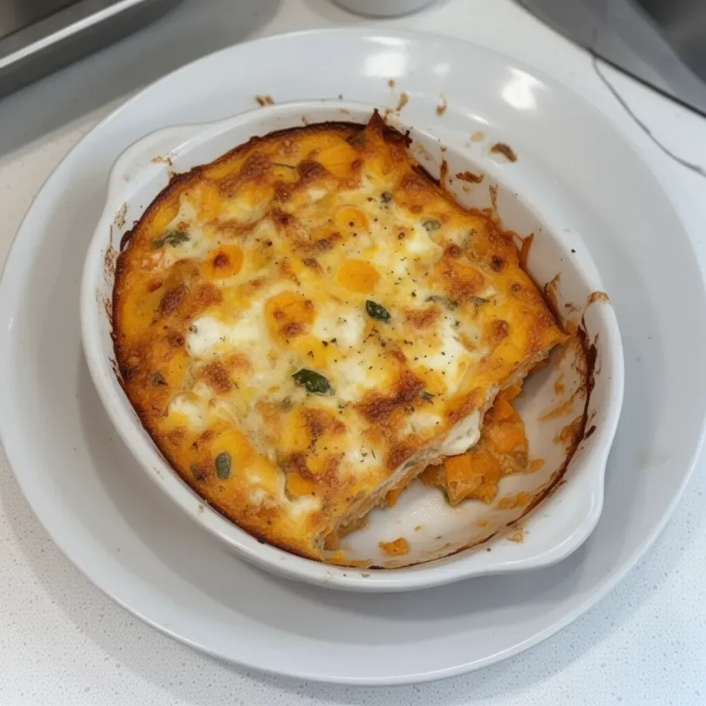 Protein-packed sweet potato egg casserole topped with fresh herbs