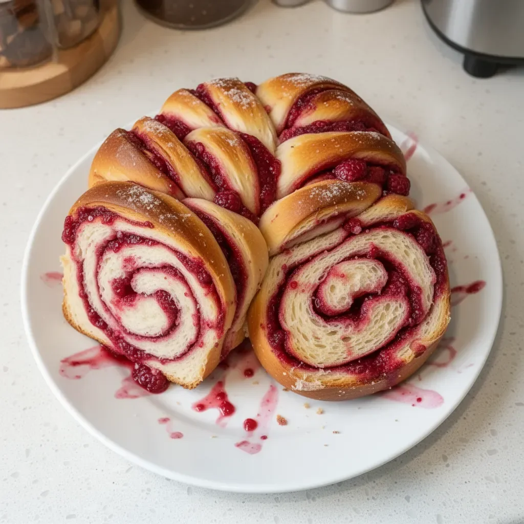 Freshly baked Raspberry Swirl Brioche Loaf with vibrant raspberry filling