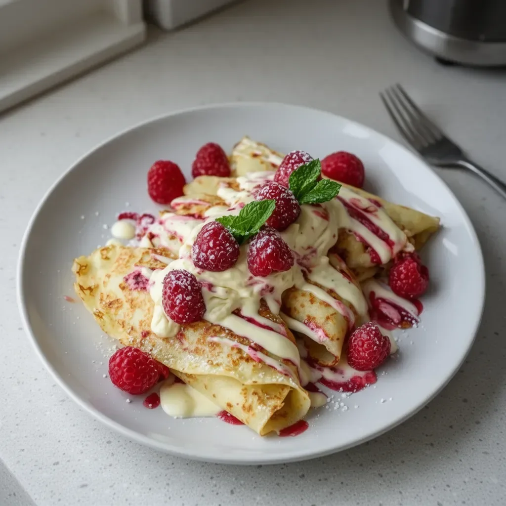 Raspberry Vanilla Cream Crepes topped with fresh raspberries and cream