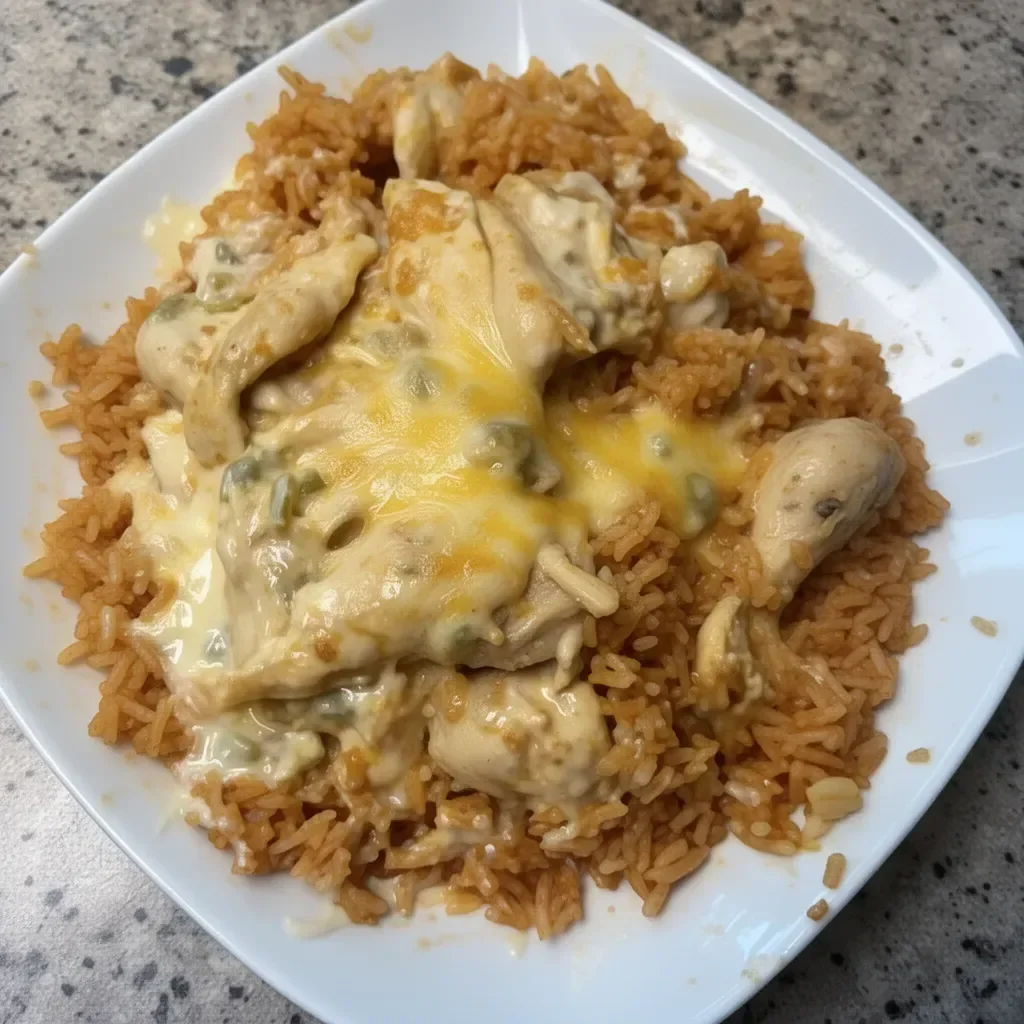Cheesy chicken and rice dish served in a bowl, topped with herbs.