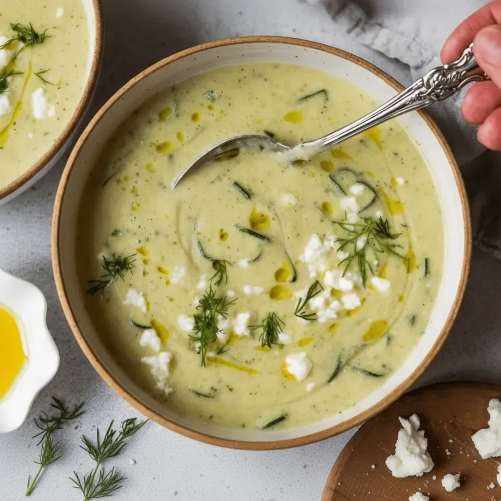 Creamy roasted zucchini feta soup topped with fresh herbs and feta cheese.