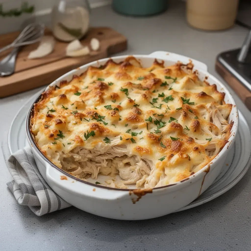 Delicious Rotisserie Chicken Casserole served in a baking dish