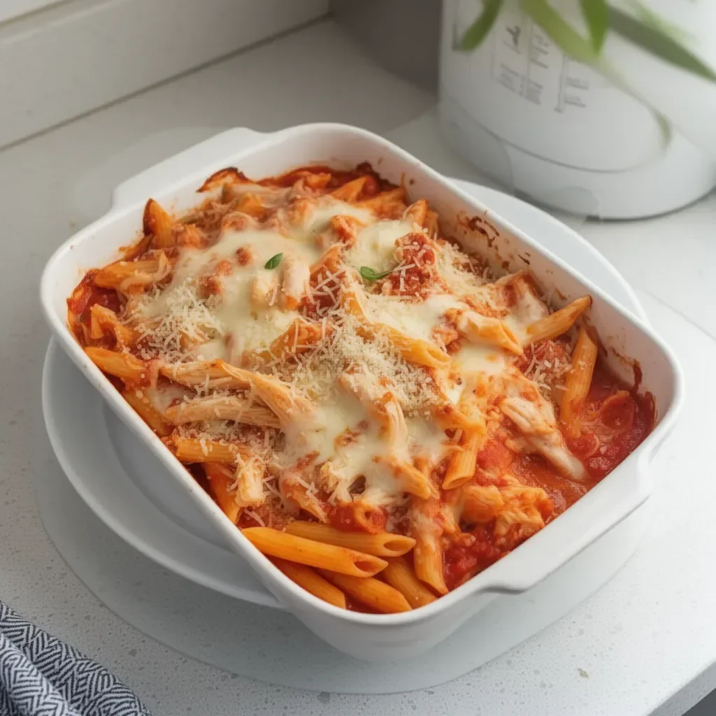 Delicious rotisserie Chicken Parmesan Casserole served on a plate