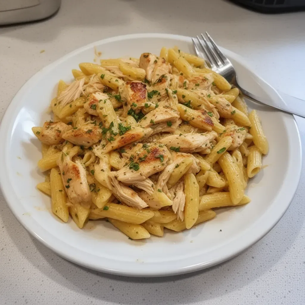 Delicious rotisserie chicken pasta dish served in a bowl with fresh herbs