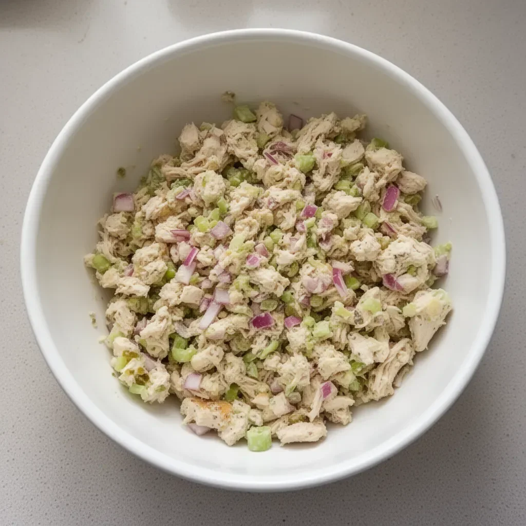 Delicious Rotisserie Chicken Salad served in a bowl with fresh vegetables.