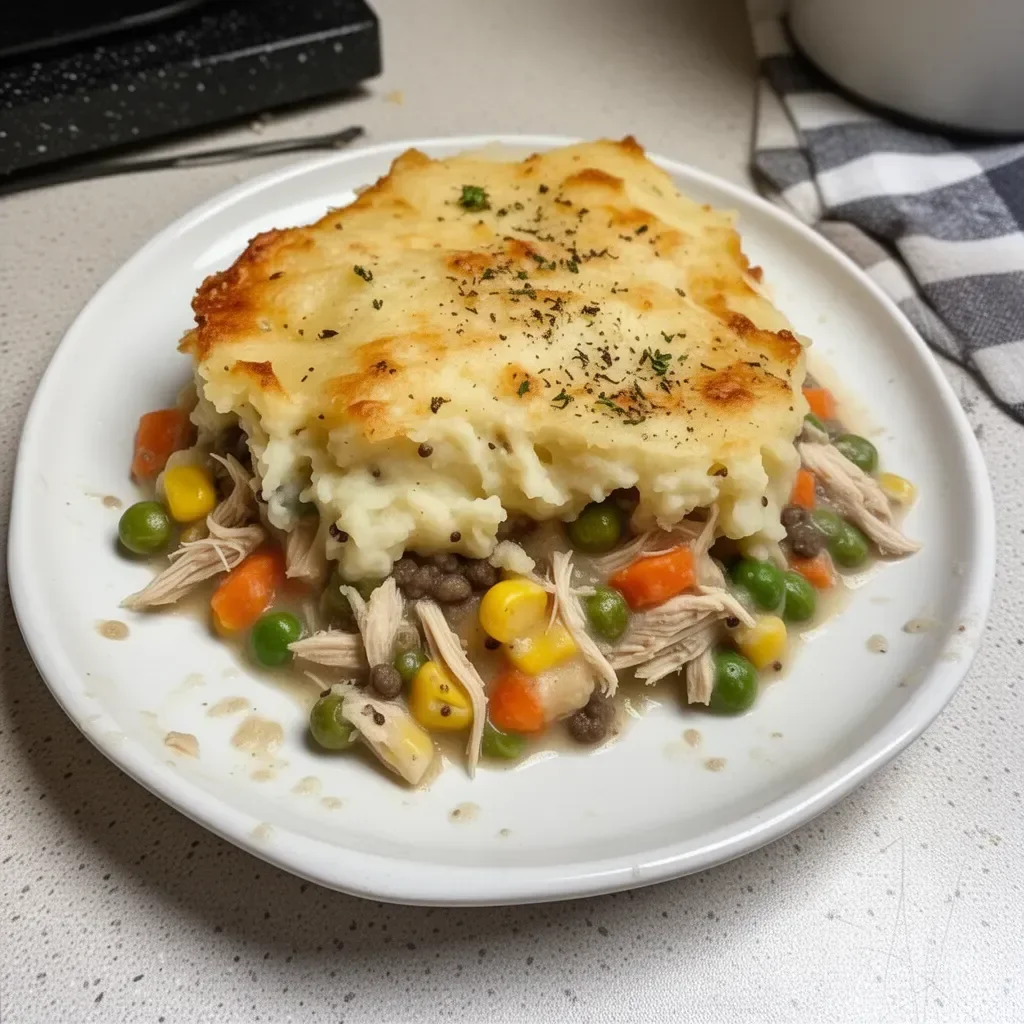 Rotisserie chicken shepherd's pie with golden mashed potatoes on top