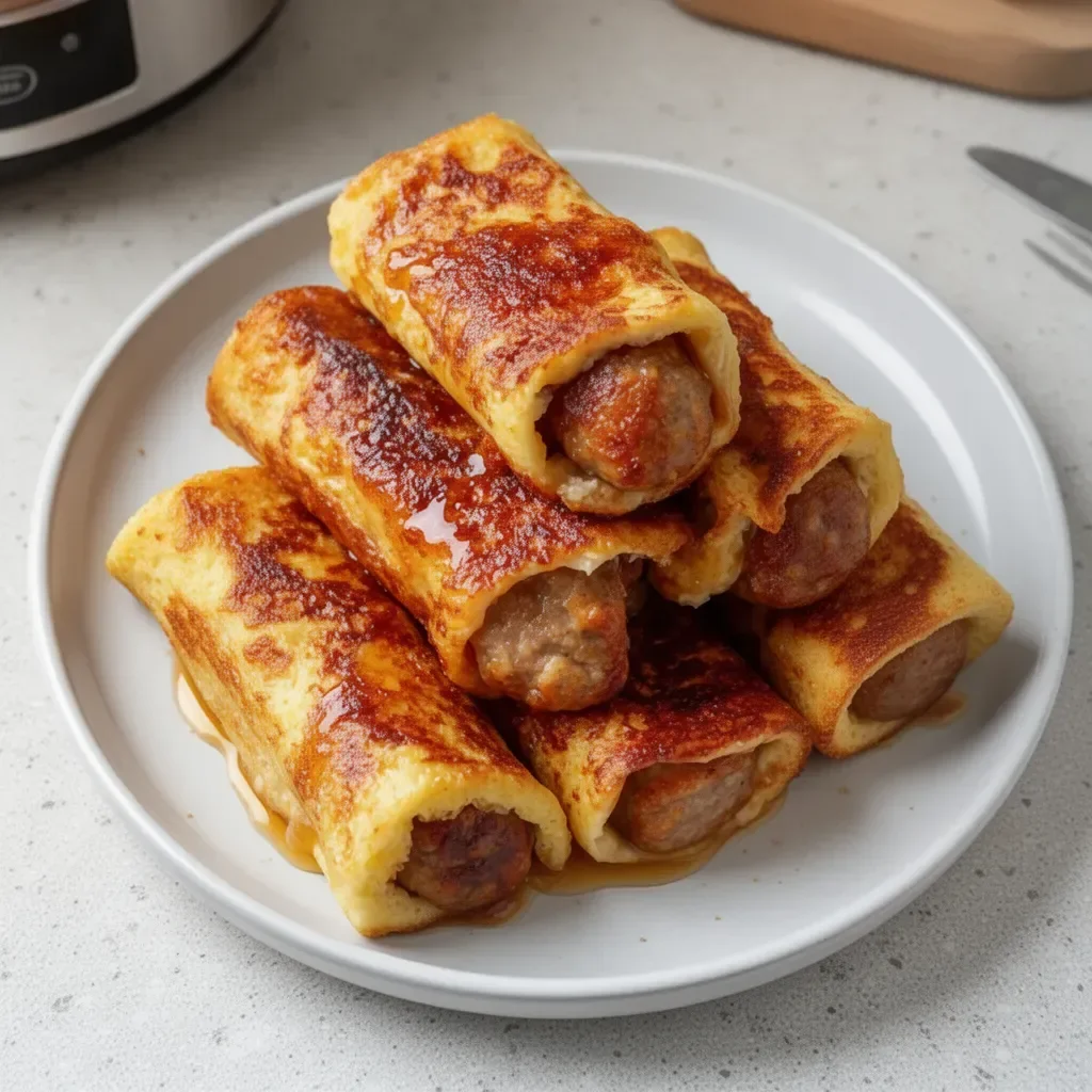Sausage French Toast Roll-Ups served with syrup on a plate