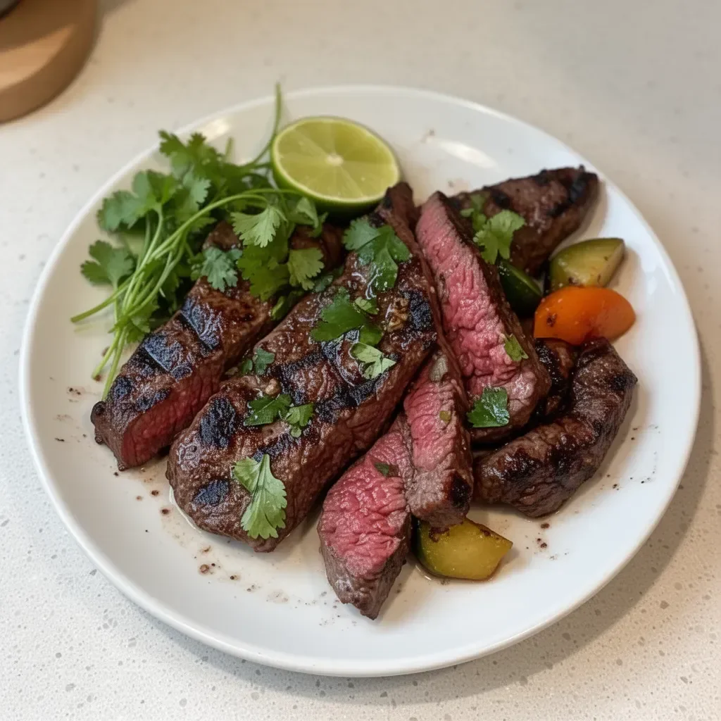 Grilled venison backstrap carne asada plated with fresh toppings