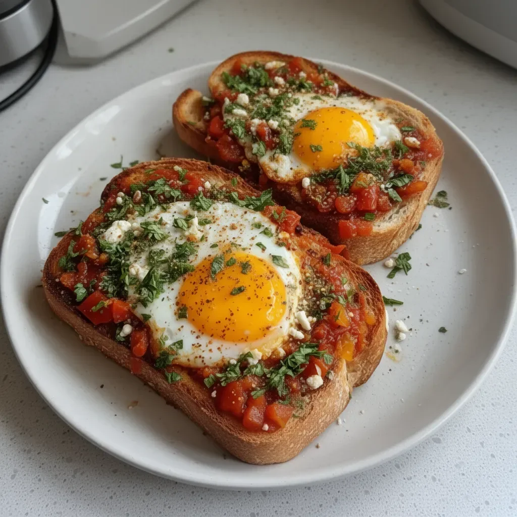 Delicious Shakshouka Toast topped with eggs and fresh herbs