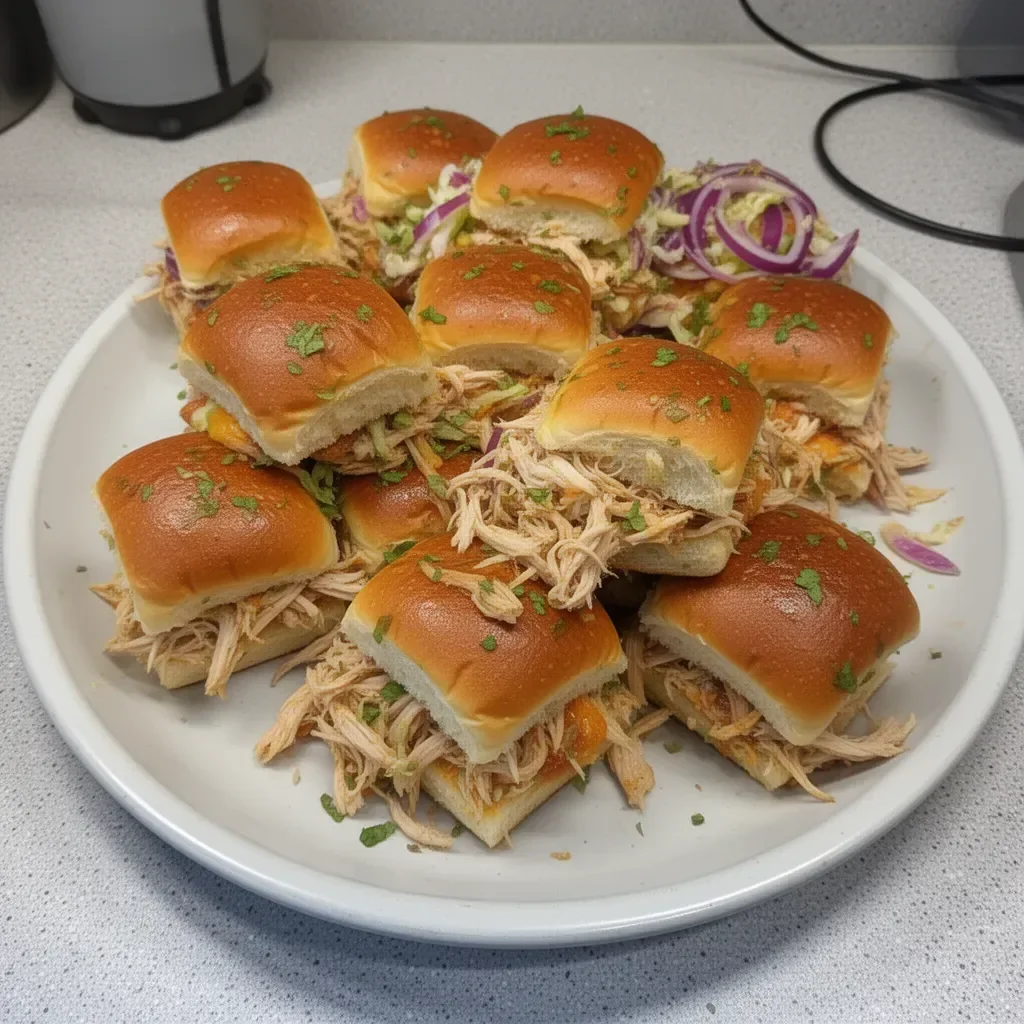 Shredded chicken sliders on a plate, perfect game day snack