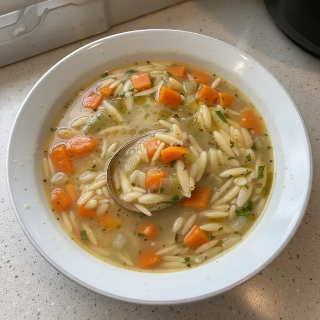 Bowl of simple orzo soup with vegetables and herbs garnished on top.