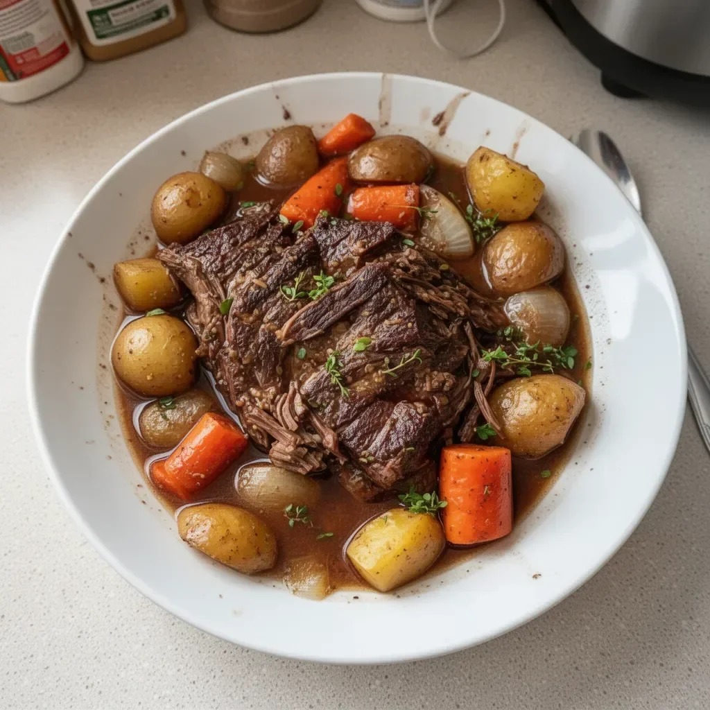 Delicious and tender Simple Venison Pot Roast served on a rustic wooden table