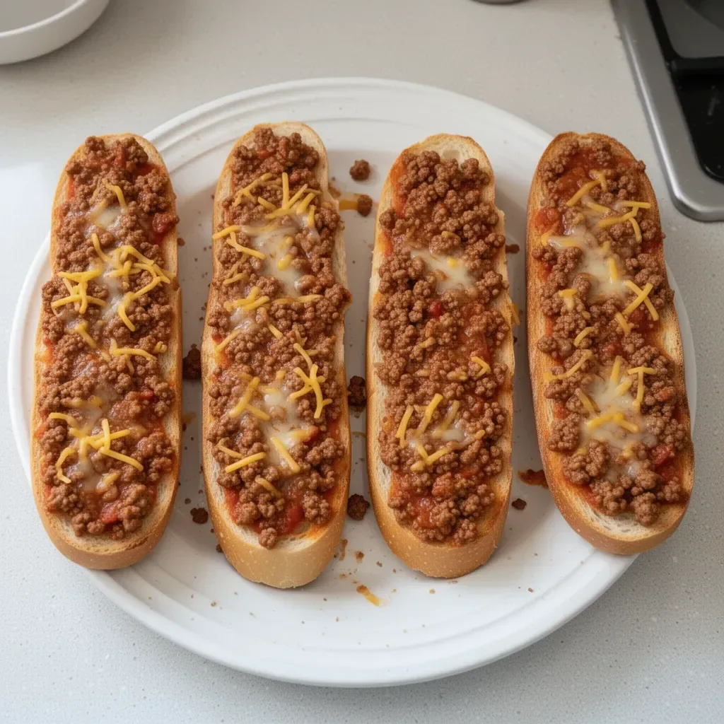 Delicious Sloppy Joe filling on French bread slices, ready to enjoy.