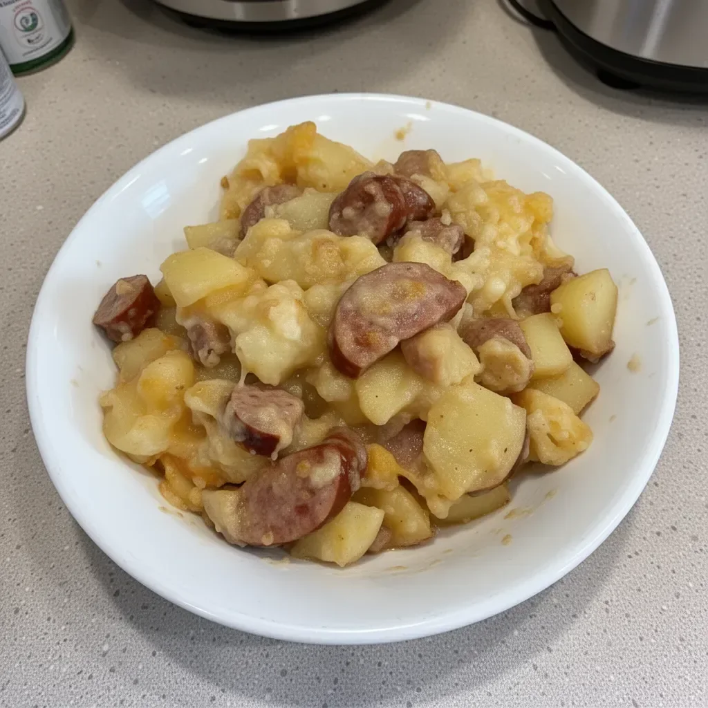 A delicious slow cooker sausage and potato casserole dish ready to serve
