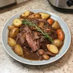 Delicious Slow Cooker Three Envelope Pot Roast served with vegetables