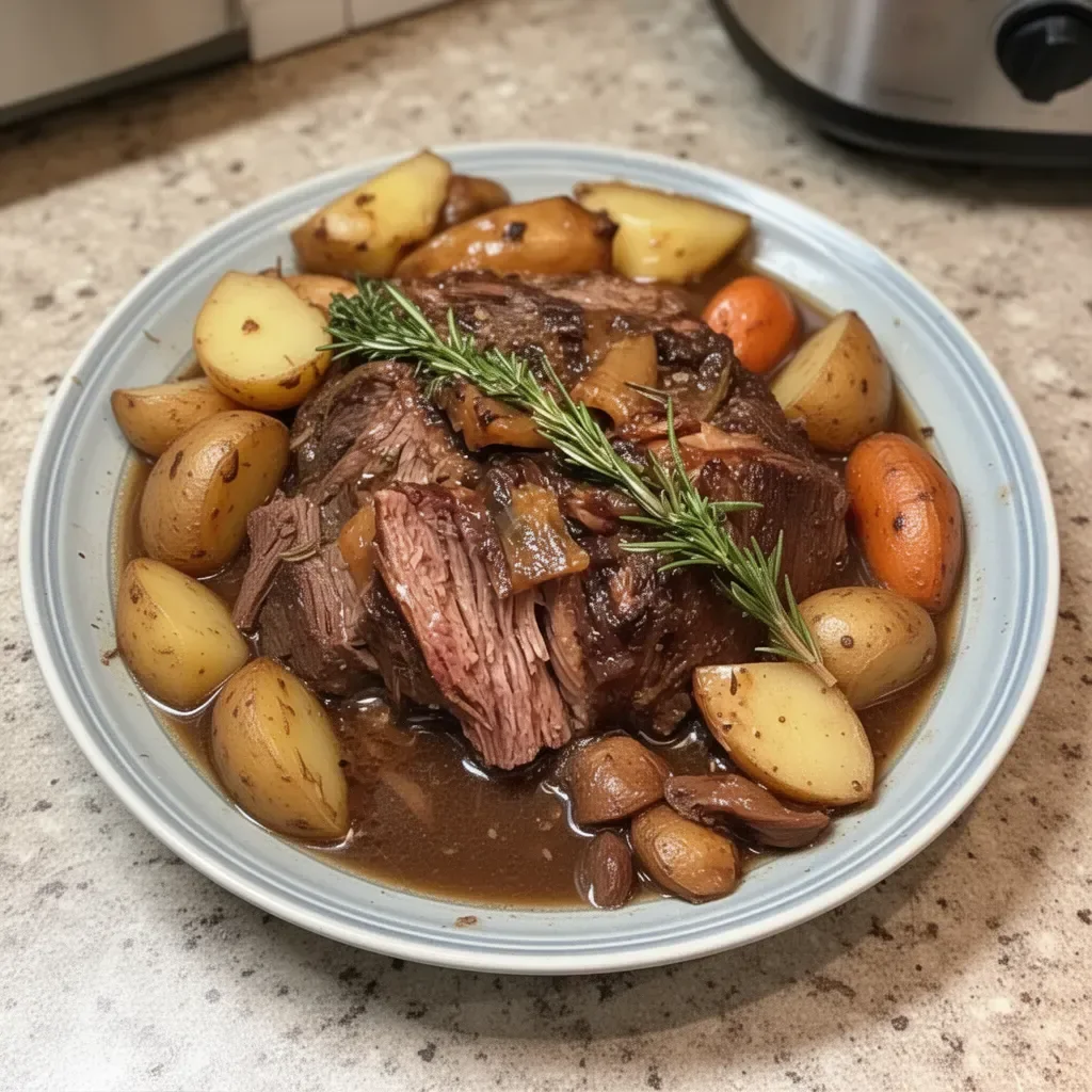 Delicious Slow Cooker Three Envelope Pot Roast served with vegetables
