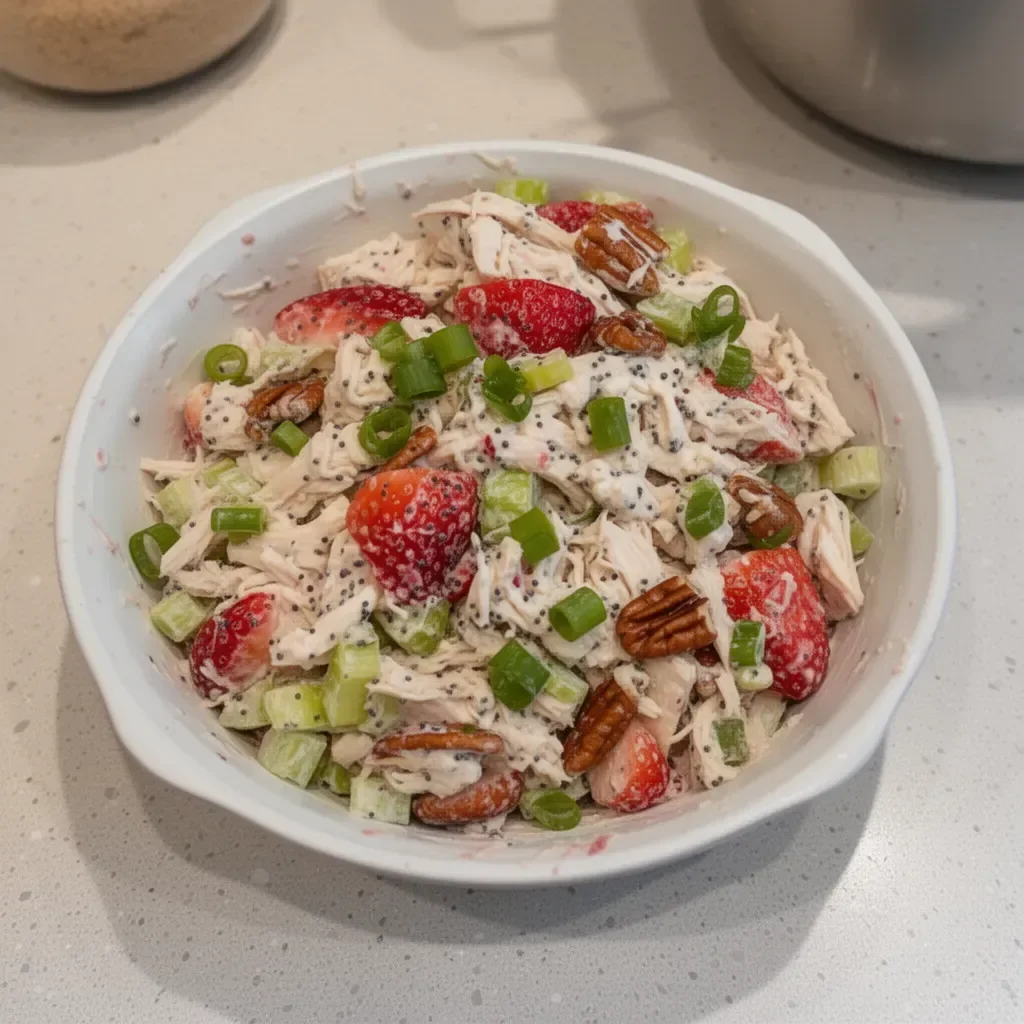 Strawberry Pecan Poppy Seed Chicken Salad in a bowl with fresh ingredients