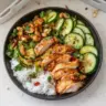 Sweet chili rotisserie chicken served in a bowl with fresh vegetables