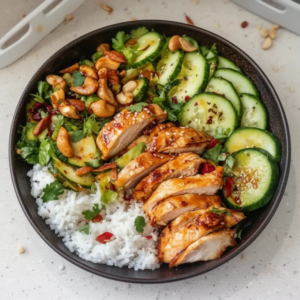 Sweet chili rotisserie chicken served in a bowl with fresh vegetables