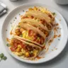 Baked breakfast tacos filled with eggs, cheese, and fresh toppings.
