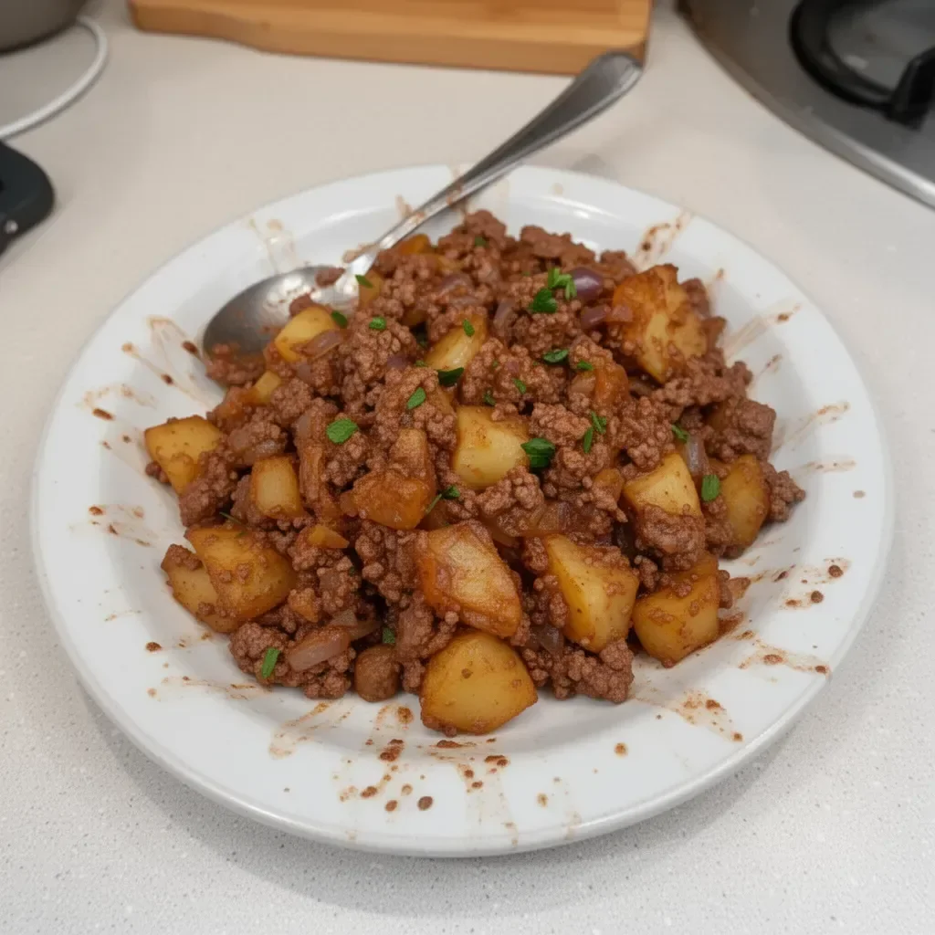 Plate of tasty ground venison hash with vegetables and spices