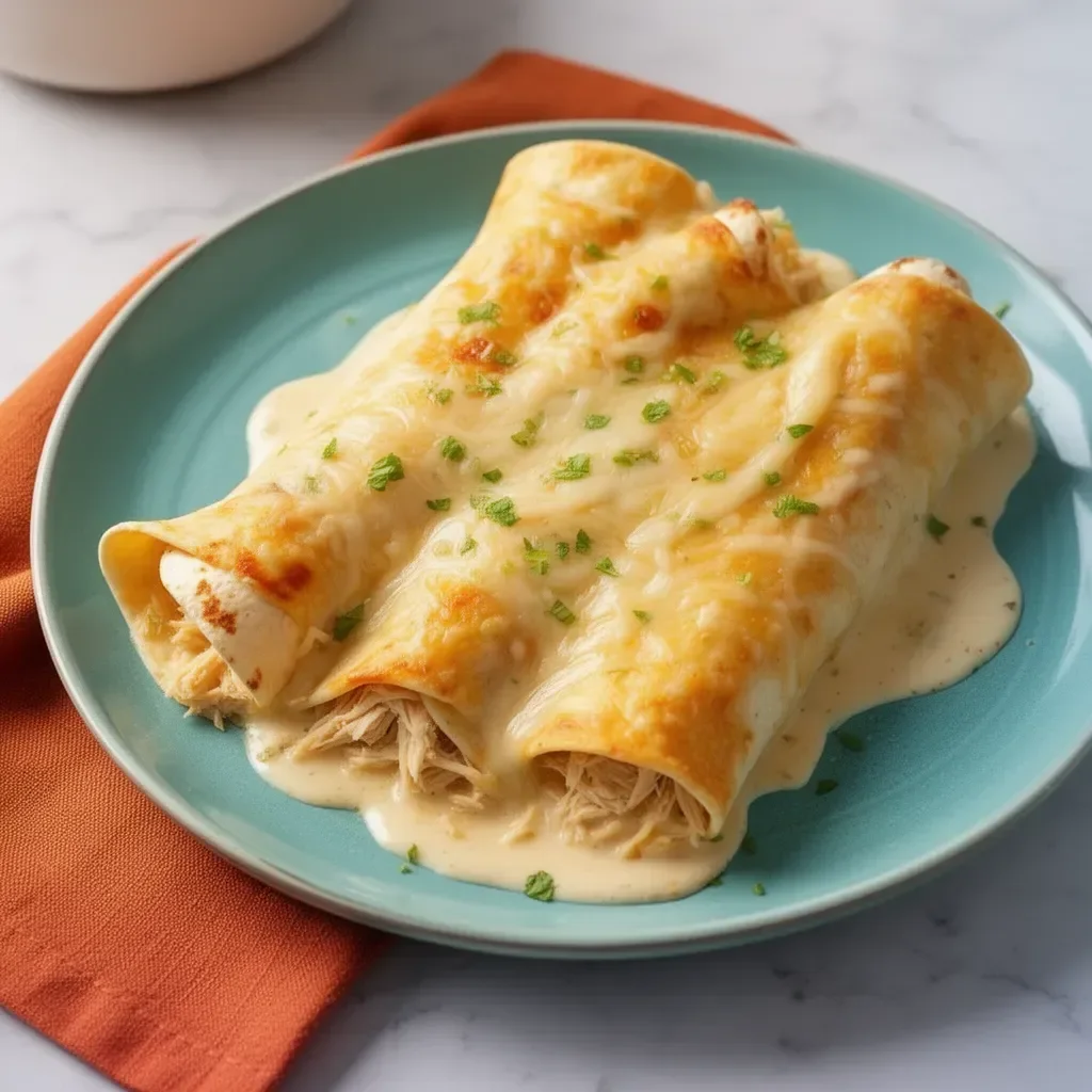 Delicious white rotisserie chicken enchiladas served with creamy sauce
