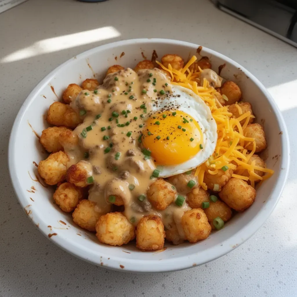 Tater Tot Breakfast Bowl topped with eggs, cheese, and vegetables