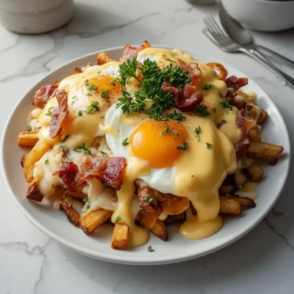 Ultimate breakfast poutine with creamy hollandaise sauce served in a bowl
