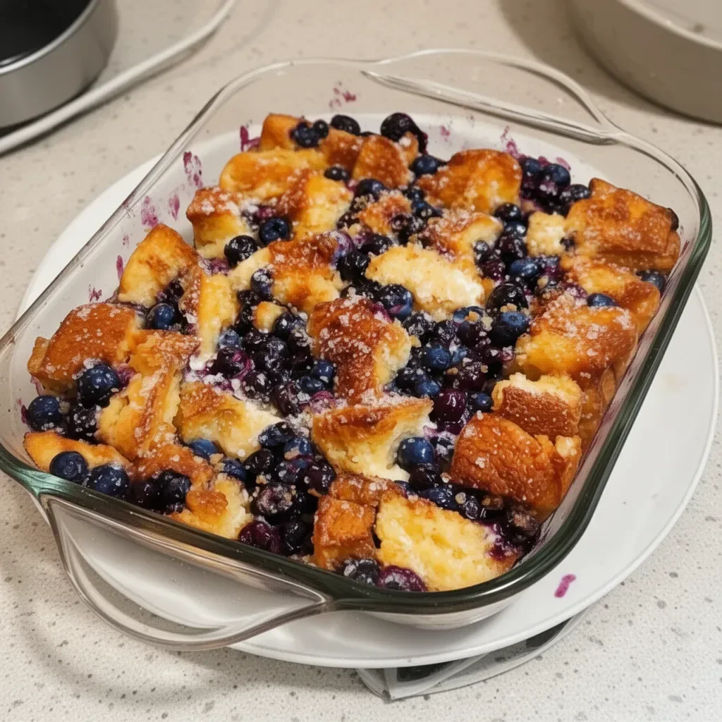 Delicious blueberry french toast casserole topped with fresh blueberries and syrup